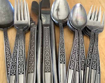 Vintage Imperial International Stainless Steel Flatware~Pretty Scrolled Hearts And Flowers~ Black Accented Embossed Handles Silverware Set