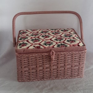 Sewing Notions Box Pretty Roses And Ribbons Padded Top Woven Mauve Pink Craft Case Store All Your Sewing Tools ~ Needles, Thread, Scissors