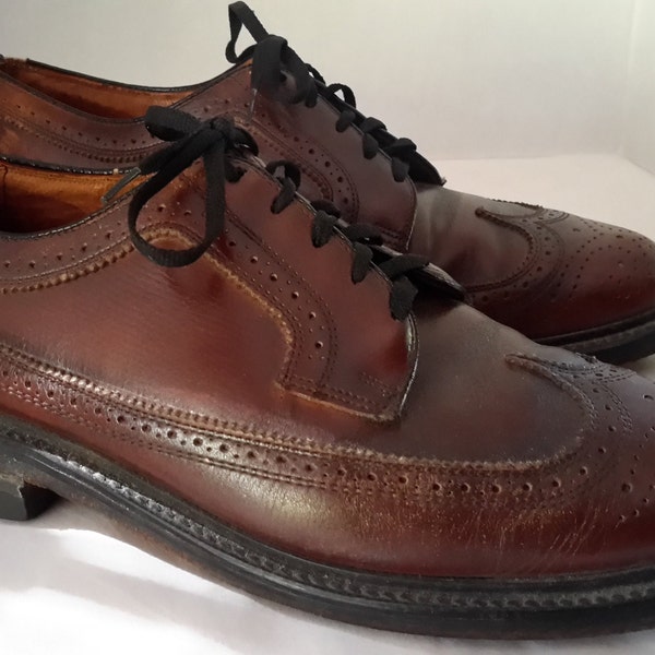 Men's Vulcan Wing Tip Oxfords Brown Leather Shoes Classic Vintage Gentlemen Dress Shoes Size 8 1/2