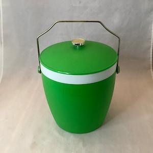 Cool Poolside Olympian Therm O-Ware Ice Bucket Vintage MCM Lime Green With White Band Plastic Ice Keeper With Tight Seal Lid & Metal Handle