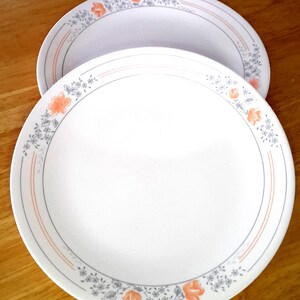 Platos llanos vintage Corelle Ware de APRICOT GROVE ~ Un par de platos retro con ribete gris en tonos melocotón y flores azules. Vajilla ligera y duradera.
