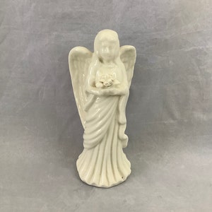 Porcelain Angel Holding Bouquet Of Roses~ Draped Flowing Gown Curved Wings~ Vintage Shiny Celestial Figurine