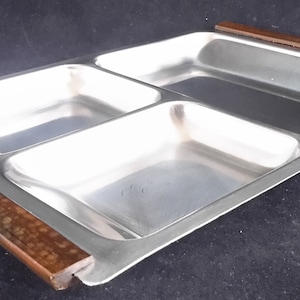 Modern Danish Stainless Steel Serving Tray Simplistic Style Teak Wood Handles Vintage Three Section Appetizer Snack Tray Made In Denmark