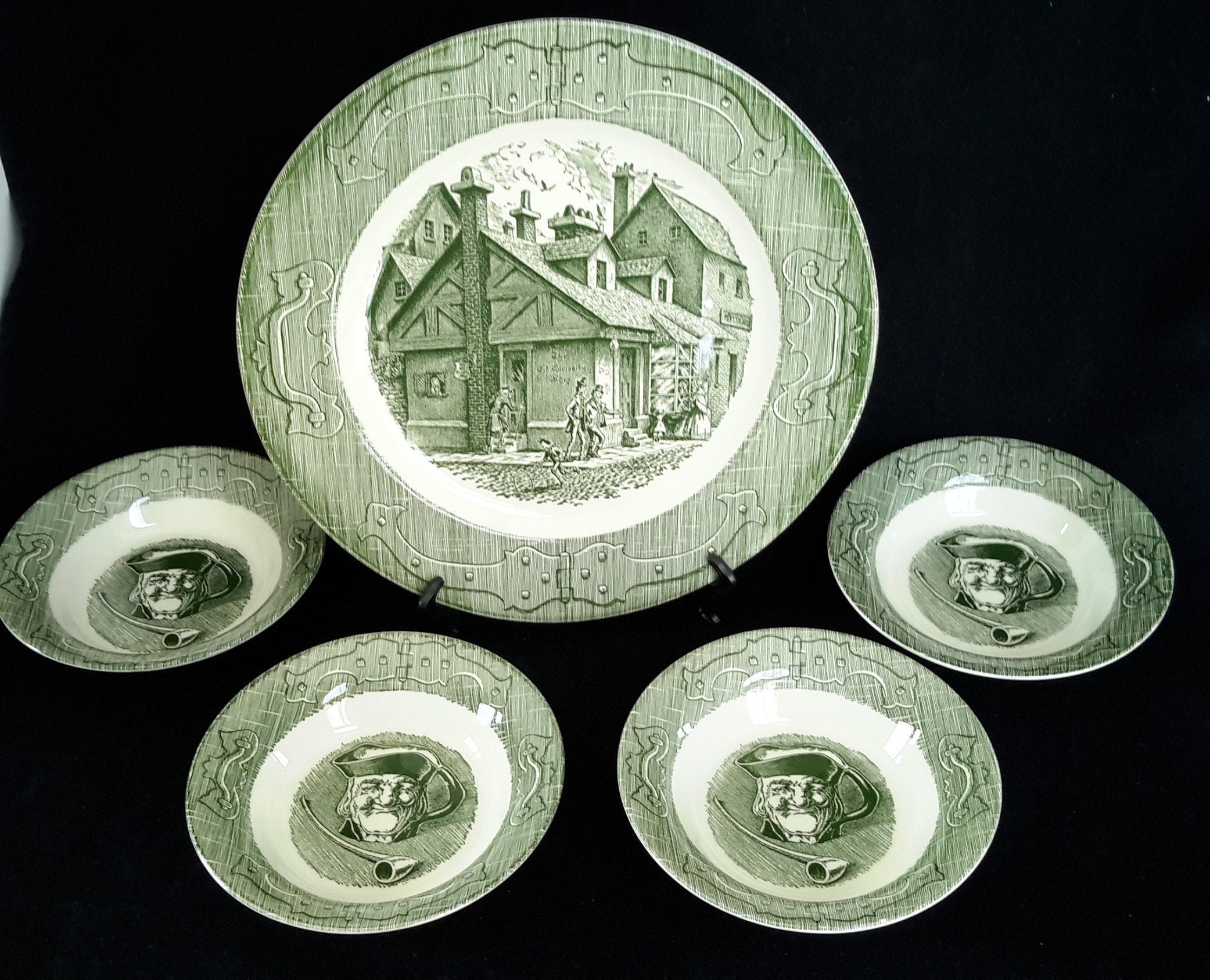Old Curiosity Shop Plate and Bowls Vintage Royal China Green