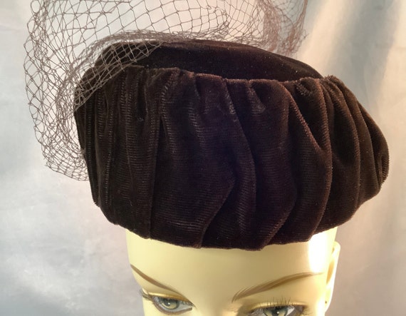 Brown Pleated Velvet Woman's Hat With Fishnet Vei… - image 5