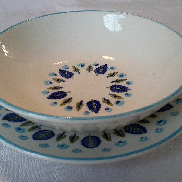 Swiss Chalet Alpine Design Birds Eye White & Blue Hand Decorated Dessert Dish And Saucer  Fruit Bowl Small Plate Replacement Or Addition