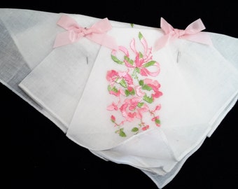 Vintage Ladies Handkerchiefs Pink And Yellow Flowers Two Never Used Ladies Embroidered Hankies With Pink Bows Folded And Pinned Together