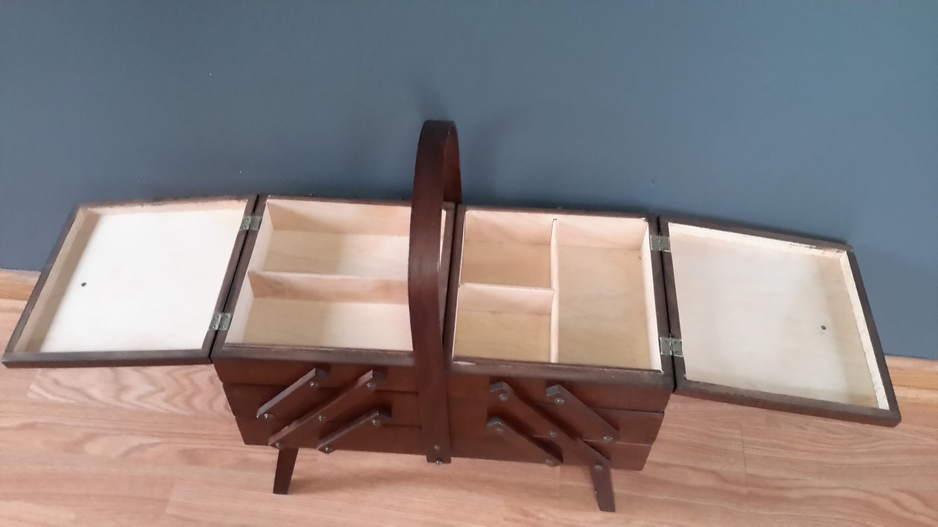 Vintage Wooden Accordian Fold Out 3 Tier Sewing Box - PLEASE READ