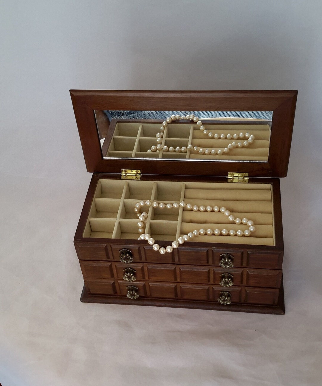 Vintage Wood Jewelry Box Lift Top Mirrored Compartment Two Etsy