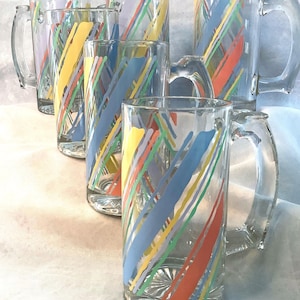 Tazas de vidrio con rayas pastel de colores ~Vintage Libby Glassware~ Juego de seis hieleras grandes de verano con asas ~ Rayas anchas de color claro