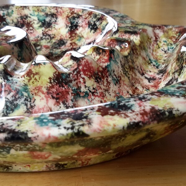 Vintage Coffee Table Ashtray MCM Swirly Multi-Colored Hand-Painted Glazed Ceramic Curvy Dish Signed Sprout - Unique Dresser Catch All Tray