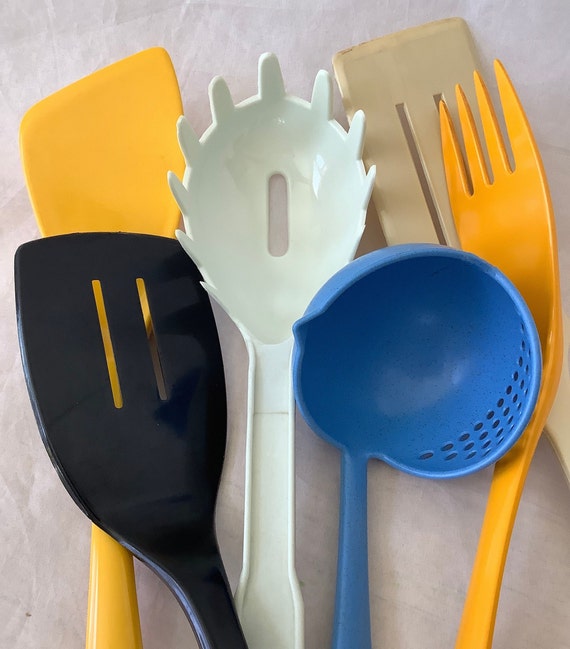 Vintage Yellow Rosti Denmark Utensils, Melamine Kitchen Utensils Set of 4,  Danish Plastic Mix Rosti + Dr Oetker Angled, Stir, Slotted & Fork