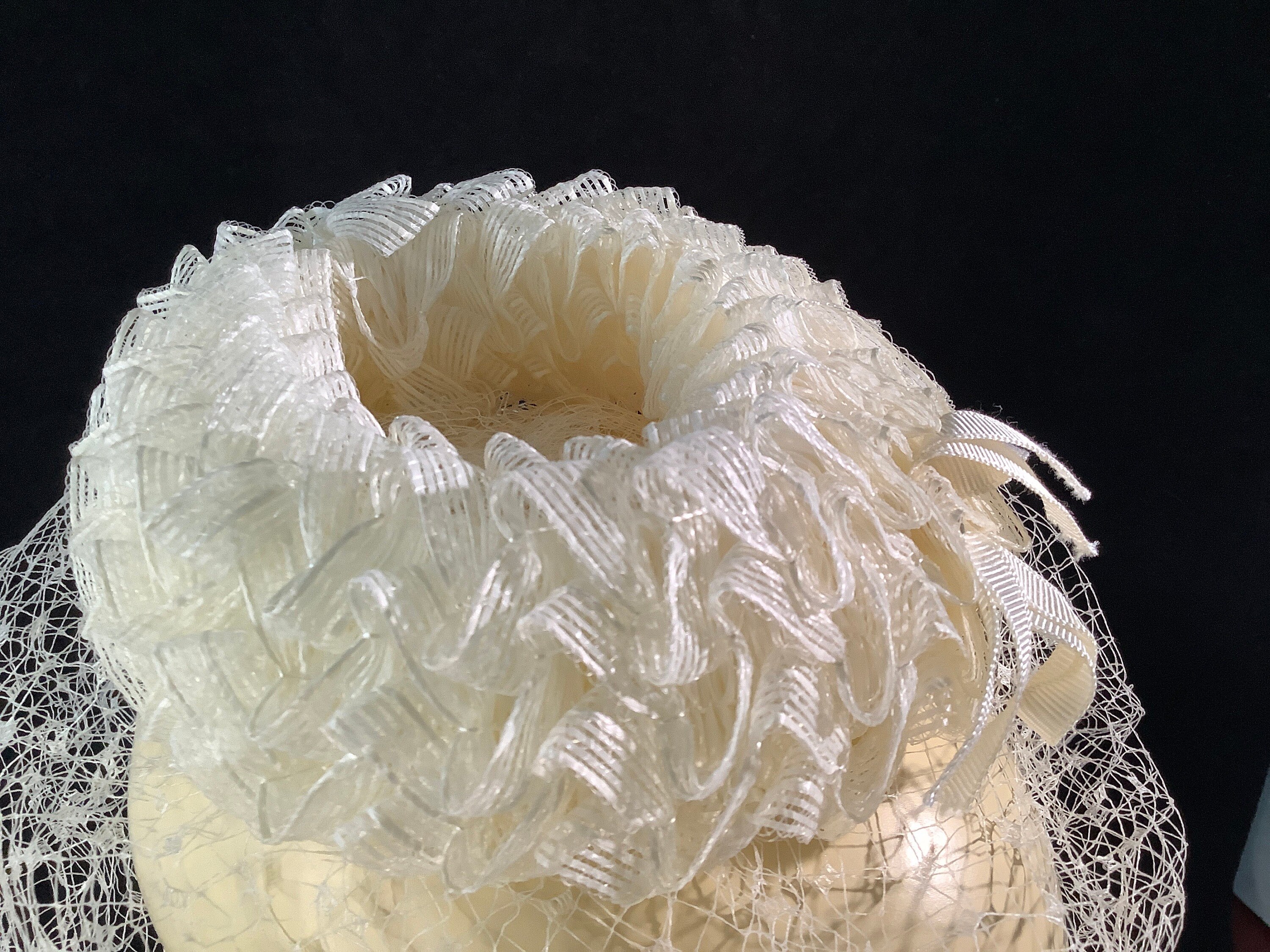 Vintage Ruffled Ribbon Bun Hat With Cropped Veil Mid-century Wedding ...
