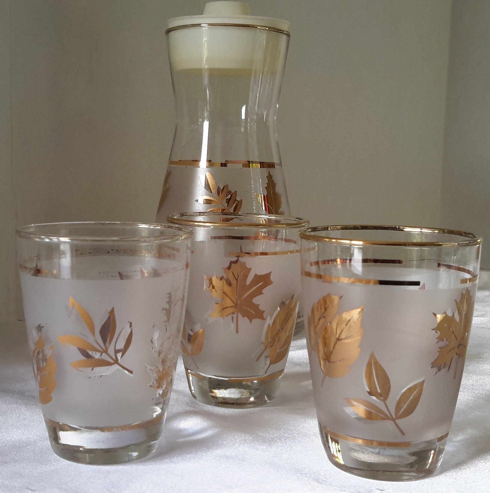 Vintage Libbey Gold Leaf Foliage Frosted Tall Water Glasses- Set of 8