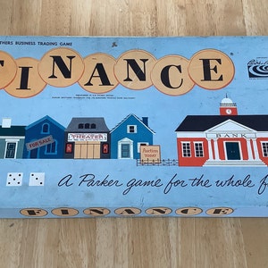 FINANCE 1958 Parker Bros Business Trading Game vintage Jeu de société avec dés, argent, cartes de chance, propriétés et maisons en plastique