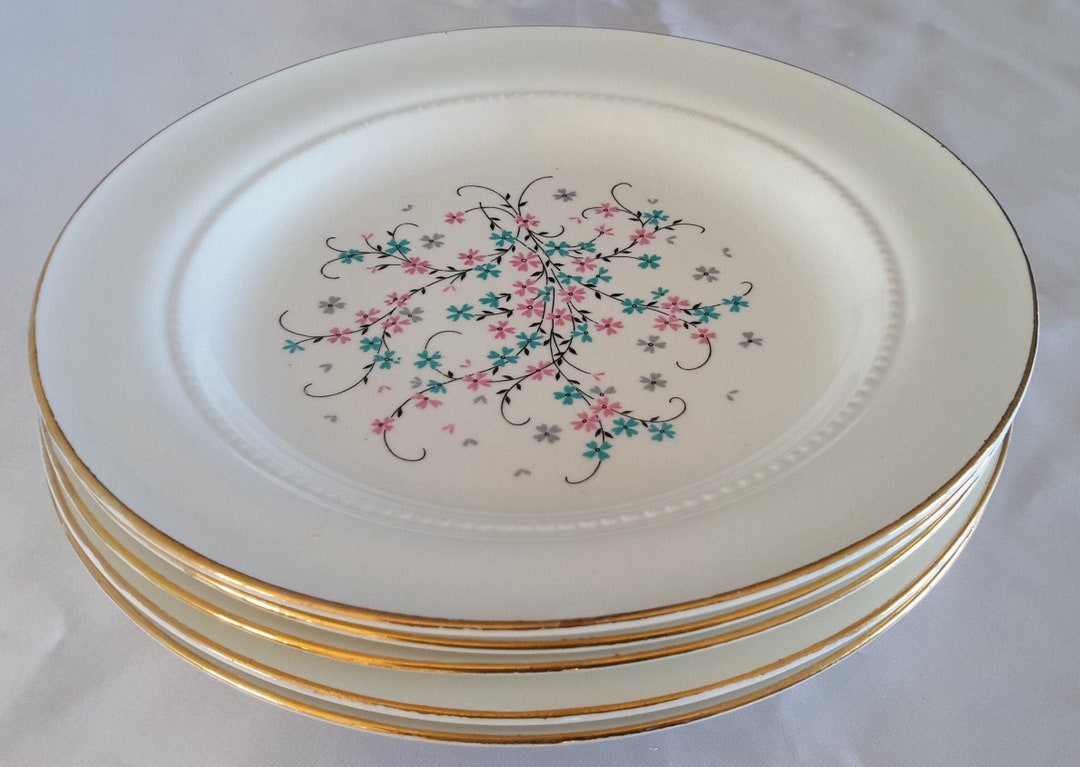 Springtime Dinnerware 22k Gold Edge Luncheon Plate Springtime Dainty Pink, Teal, and Gray ...