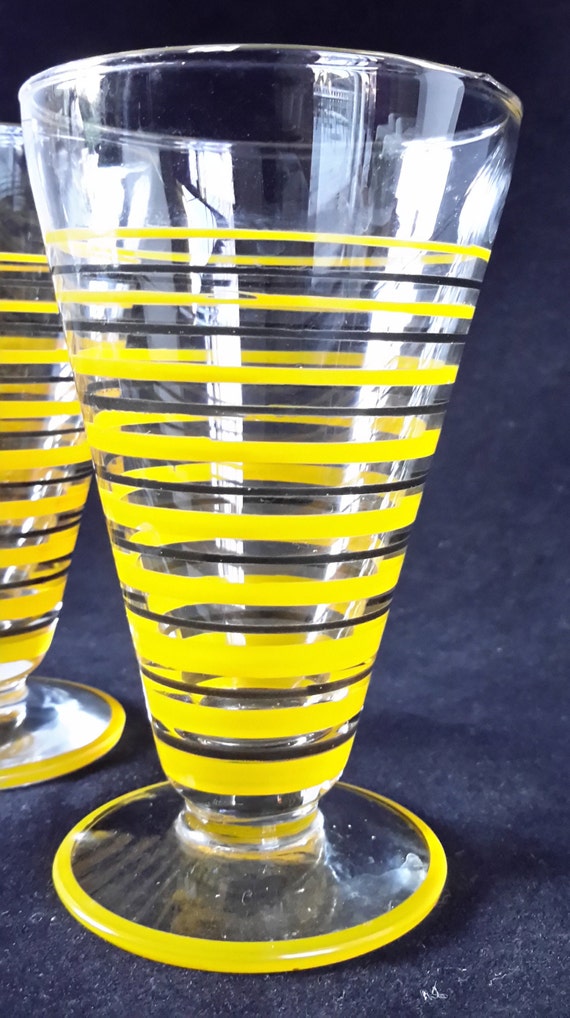 Yellow and Black Striped Cocktail Glasses Pedestal Cone Shaped Juice Glasses  Very Cool Unique Pair of Tapered Bumble Bee Cup & Footed Base 