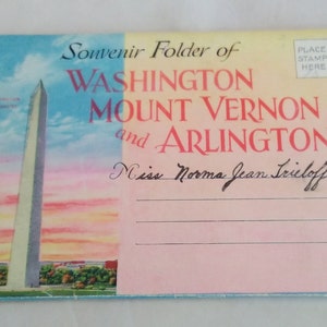 Pasta de fotos de lembrança de 1936 de Washington DC, Mount Vernon e Arlington. Cartões postais coloridos vintage