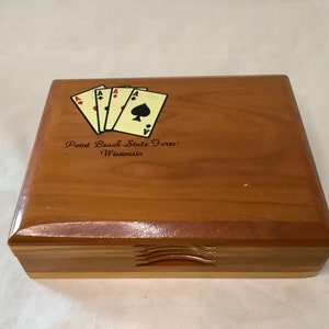 Vintage Souvenir Cedar Box Speelkaarten Houten kist ~ Point Beach State Forest Wisconsin UpNort' Cottage Decor ~ Houdt twee kaartspellen