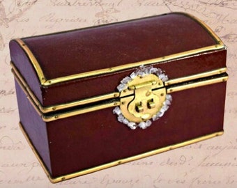Gemstone Chest Red Leather Box Vintage Jewelry Chest Treasure Box with Lid Embellished with Gold and Clear Quartz Crystals Dark Red Leather