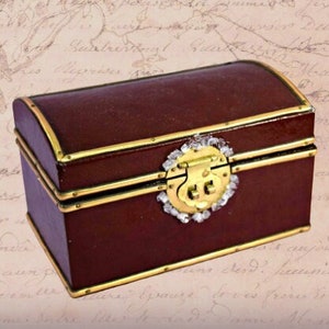 Gemstone Chest Red Leather Box Vintage Jewelry Chest Treasure Box with Lid Embellished with Gold and Clear Quartz Crystals Dark Red Leather