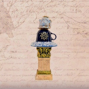 Pup on A Cup! Dog Garden Totem, Puppy on Pedestal, Bejeweled Dog Lover Gift or Dog Loss Memorial Statue Weather Resistant Blue & Purple Dog