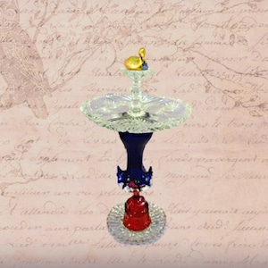 Vintage Tiered Bird Bath Glass Birdbath Handmade Bird Feeder Garden Decor Gold Duck Garden Totem Glass Bird Figurine Repurposed Garden Art
