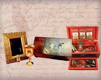 Spellcasting Starter Kit Spell Chest Witch Box w/ Spell Candles, Scrying Mirror, Chalice Pentagram Charm Hand Painted Runes, Herbs and More!