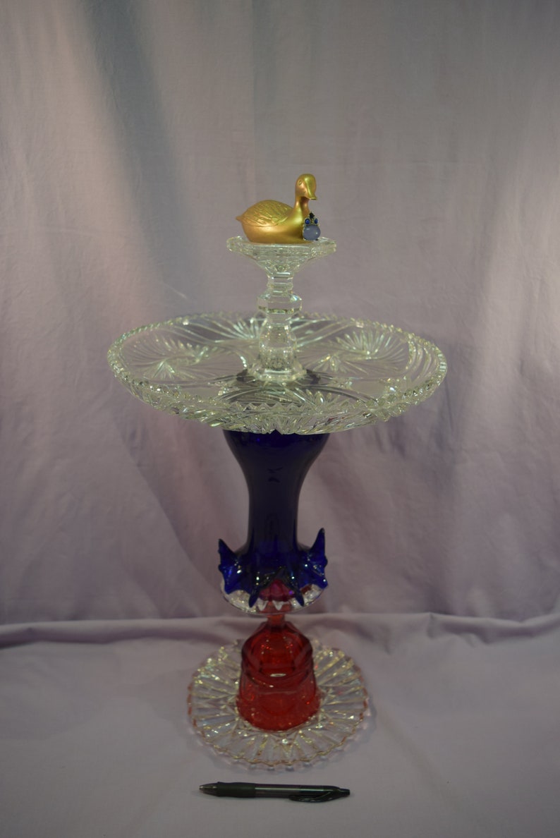Vintage Tiered Bird Bath Glass Birdbath Handmade Bird Feeder Garden Decor Gold Duck Garden Totem