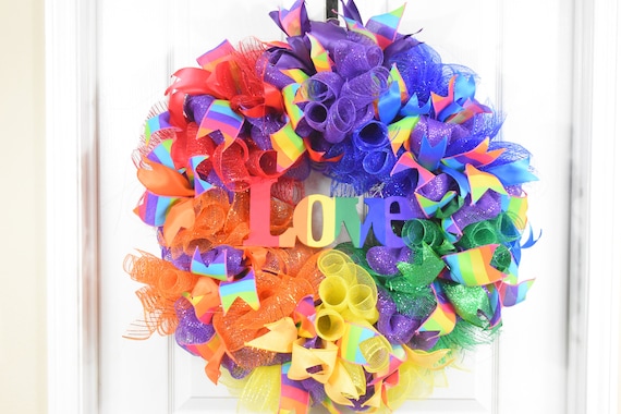 Gay Pride Wreath Door Wall Home Decor Rainbow Feathers LGBTQ