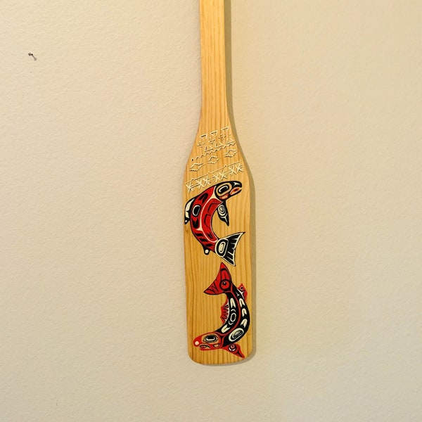 Decorative Paddle Native Salmon Hand Painted on Wood Coated 30"