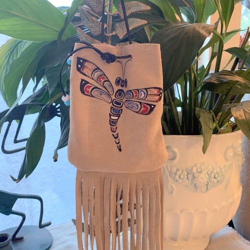 Native Medicine Bag Native Dragonfly Äkta Läder Handmålad