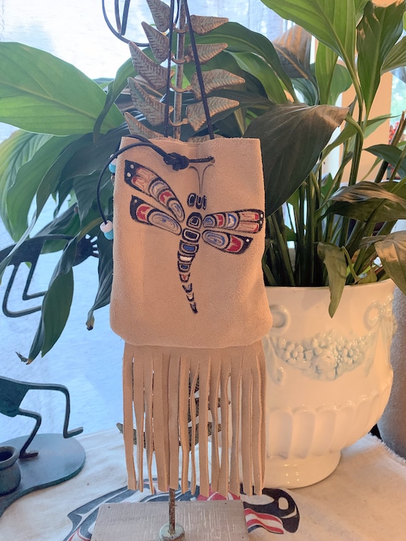 Native Medicine Bag Native Dragonfly Genuine Leather Hand Painted