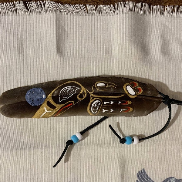 Tribal Art Hand Painted Feather Raven and the Moon