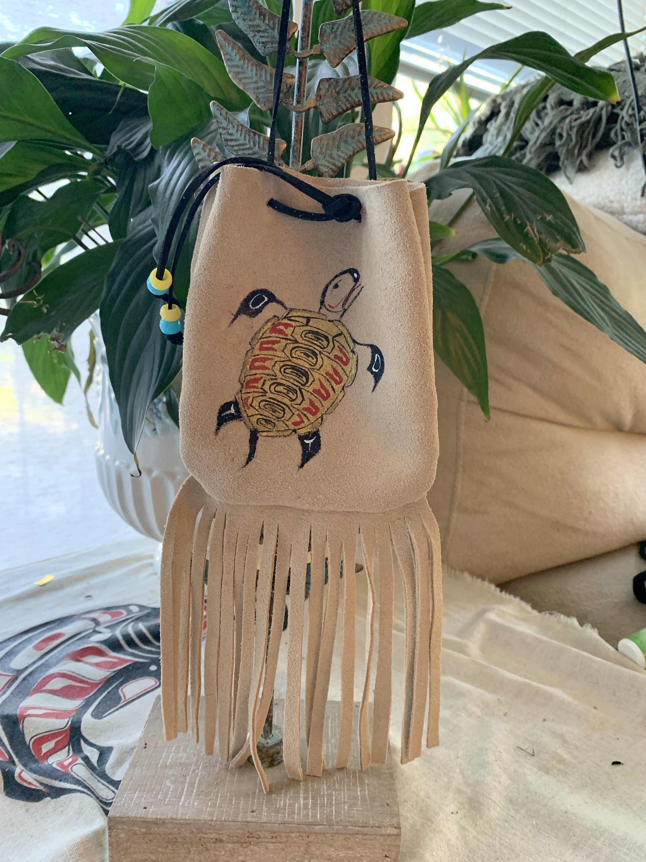 Native American Medicine Bag 5”x5”” Bristles 5”, Turtle Art