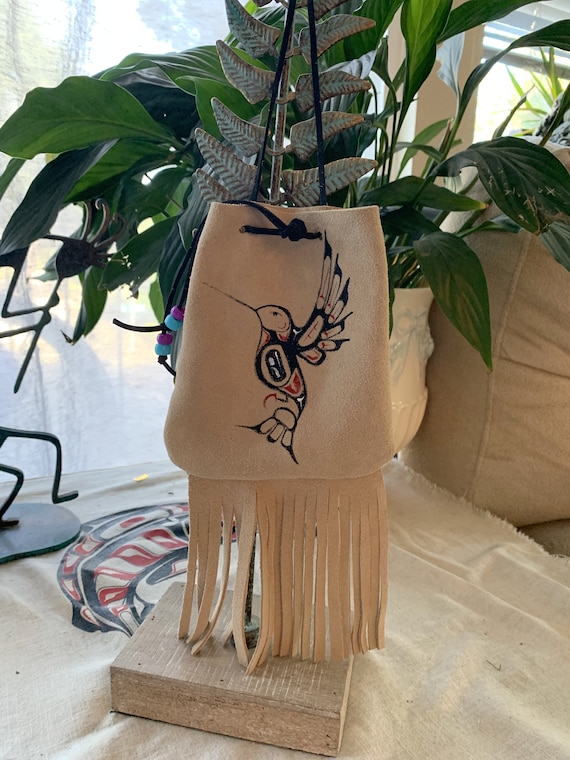 Native Hummingbird Art Leather Medicine Bag 5@x5” bristles 5”, Hand Painted