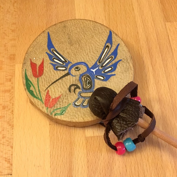 Native Drum Tribal Miniature Drum Hummingbird 3"x3" Goat Rawhide Hand Painted comes with Drumstick