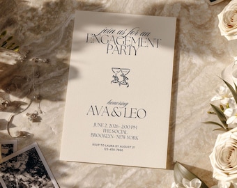 Peut inclure: Une carte d'invitation de fiançailles couleur crème avec le texte noir join us for an ENGAGEMENT PARTY honoring AVA & LEO, JUNE 2, 2026, 2:00 PM, THE SOCIAL, BROOKLYN, NEW YORK, RSVP TO LAURA BY AUGUST 21, 123-456-7890.