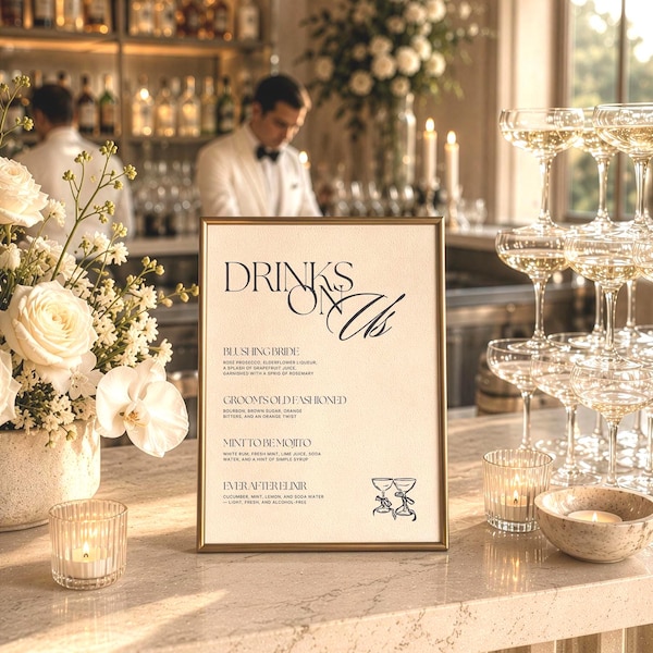 Menù del bar per matrimoni, insegna per cocktail d'autore, modello di menù del bar per matrimoni, segnaletica modificabile per il bar del matrimonio, modello di insegna per il bar