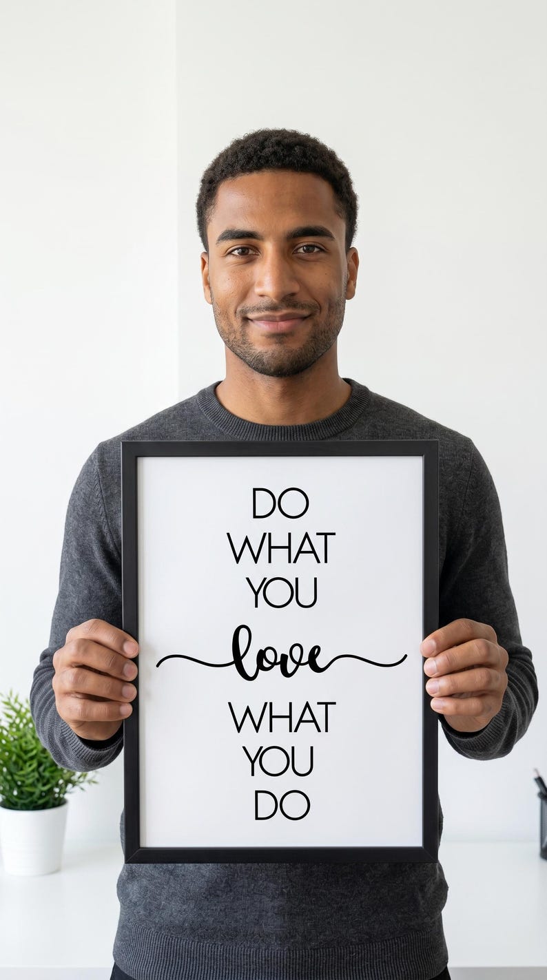 May include: A framed print with the words "DO WHAT YOU love WHAT YOU DO" in black script. The frame is black, and the background is white. The print is held by a person wearing a gray sweater.