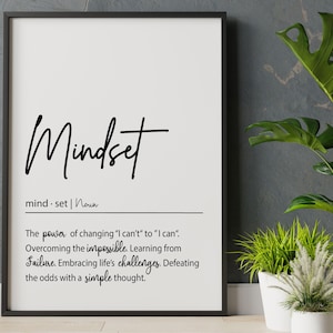 K&ouml;nnte beinhalten: Ein gerahmtes vertikales Wandbild mit dem Wort Mindset in einer gro&szlig;en Schreibschrift, gefolgt von der phonetischen Schreibweise und der Klassifizierung als Substantiv. Der Text definiert Mindset als die Kraft, Ich kann nicht in Ich kann zu verwandeln, das Unm&ouml;gliche zu &uuml;berwinden, aus Fehlern zu lernen, die Herausforderungen des Lebens anzunehmen und die Chancen mit einem einfachen Gedanken zu besiegen.
