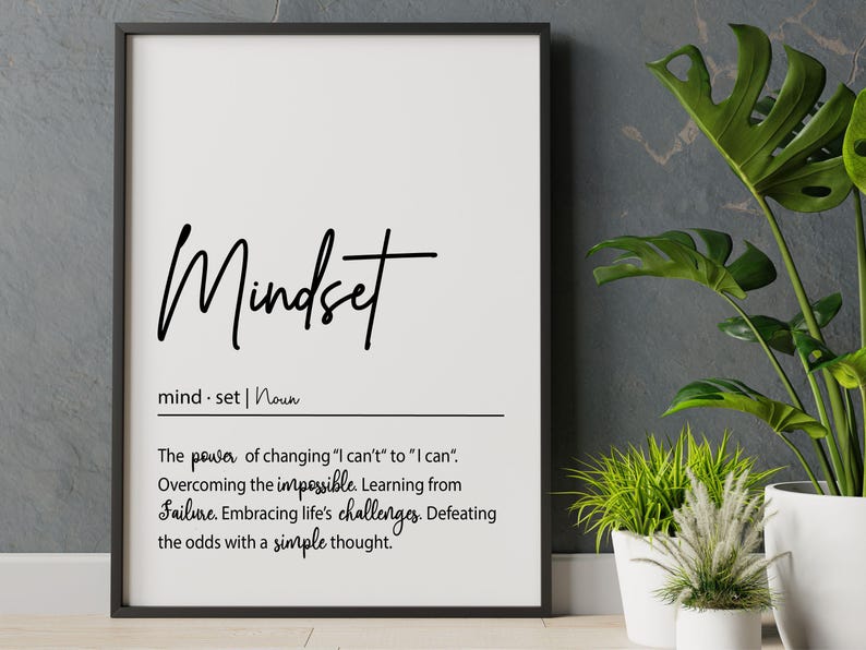 K&ouml;nnte beinhalten: Ein gerahmtes vertikales Wandbild mit dem Wort Mindset in einer gro&szlig;en Schreibschrift, gefolgt von der phonetischen Schreibweise und der Klassifizierung als Substantiv. Der Text definiert Mindset als die Kraft, Ich kann nicht in Ich kann zu verwandeln, das Unm&ouml;gliche zu &uuml;berwinden, aus Fehlern zu lernen, die Herausforderungen des Lebens anzunehmen und die Chancen mit einem einfachen Gedanken zu besiegen.