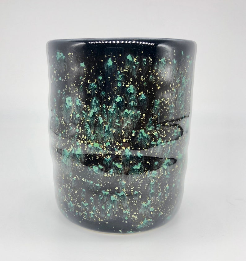 Handmade Ceramic Cup or Tumbler Free Shipping TM0013 Black with Green and Gold Crystals Made in Tennessee 10 Oz