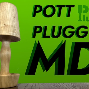 May include: A wooden lamp shaped like a mushroom with a light brown finish. The lamp is on a wooden surface in front of a green background. The text "POTT PLUGG MD" is visible in black letters on the green background.