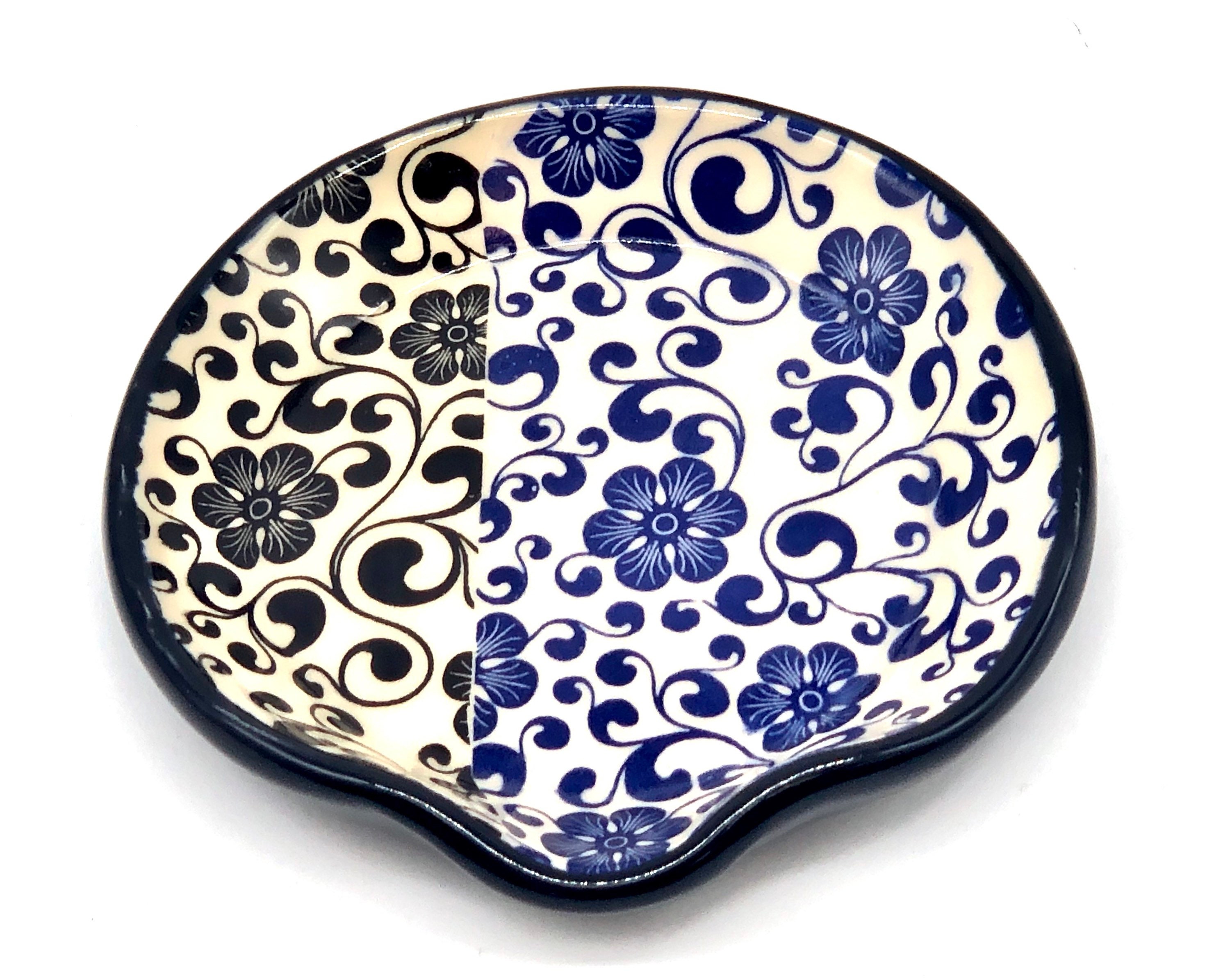 Hand Built Ceramic Spoon Rest Flowers Black Blue Free Etsy