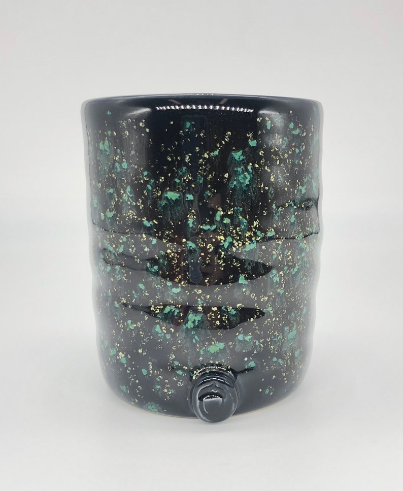 Handmade Ceramic Cup or Tumbler Free Shipping TM0013 Black with Green and Gold Crystals Made in Tennessee 10 Oz