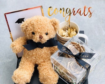 Caja de regalo de graduación / regalos de graduación asequibles / tazas de graduación / rosas de graduación / oso de peluche de graduación / marcos de fotos de graduación /