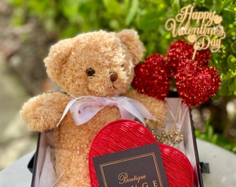 Valentines Gift Box with Roses, Valentines Teddy Bears with Hearts, Valentines Red Hearts and Red Roses, Roses last for years, Red Eternity