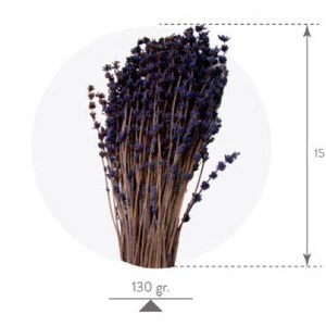 May include: A bunch of dried lavender stems, approximately 15 to 25 inches long, with purple flowers. The stems are tied together and weigh 130 grams.