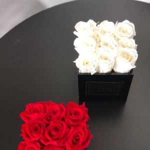 May include: Two square boxes filled with preserved roses. One box contains red roses and the other contains white roses. Both boxes are black and have the word "Rouge" printed on them.